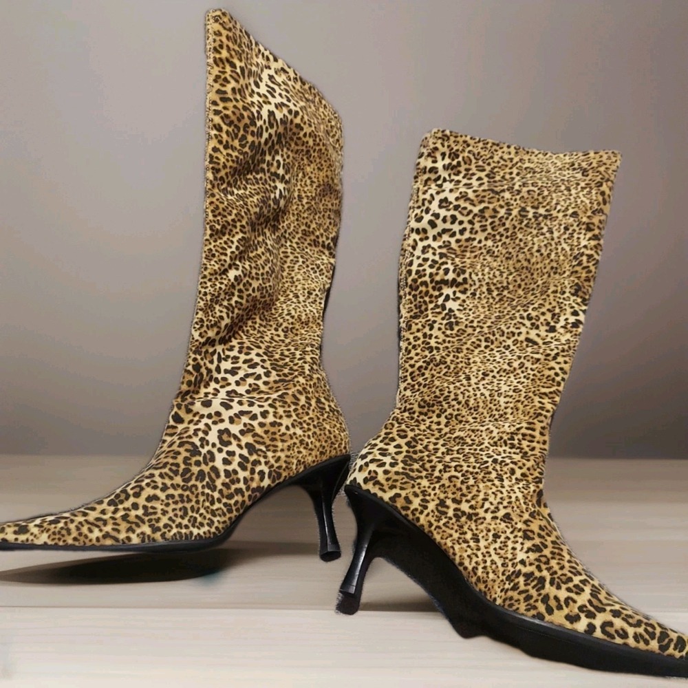 Diba True Leopard Print Suede Knee High Boots Pointed Toe Zip 9M Beige/Black Y2k